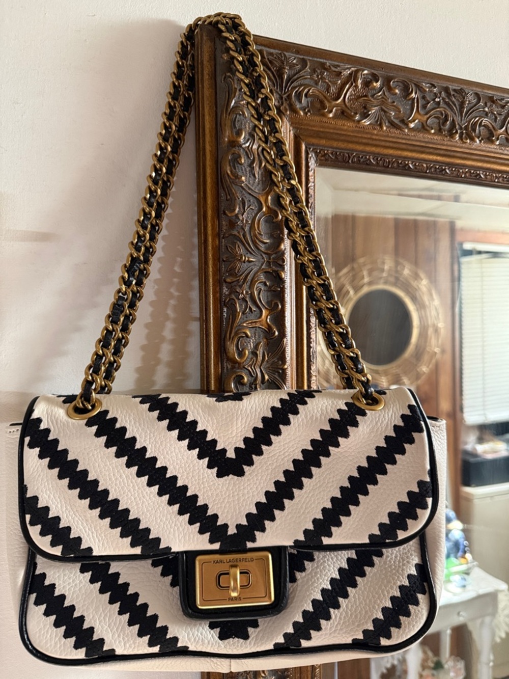 Karl Lagerfeld Black & White Chevron Flap Shoulder Bag with Gold Chain